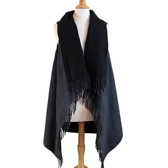Talbots Blue Black Plaid Long Wrap Vest with Draped Open Front, Fringe, M/L - Picture 1 of 13